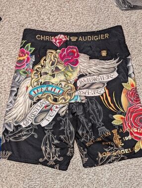 Christian Audigier Life Kills For Lovers Detailed Board Shorts, Men's 34